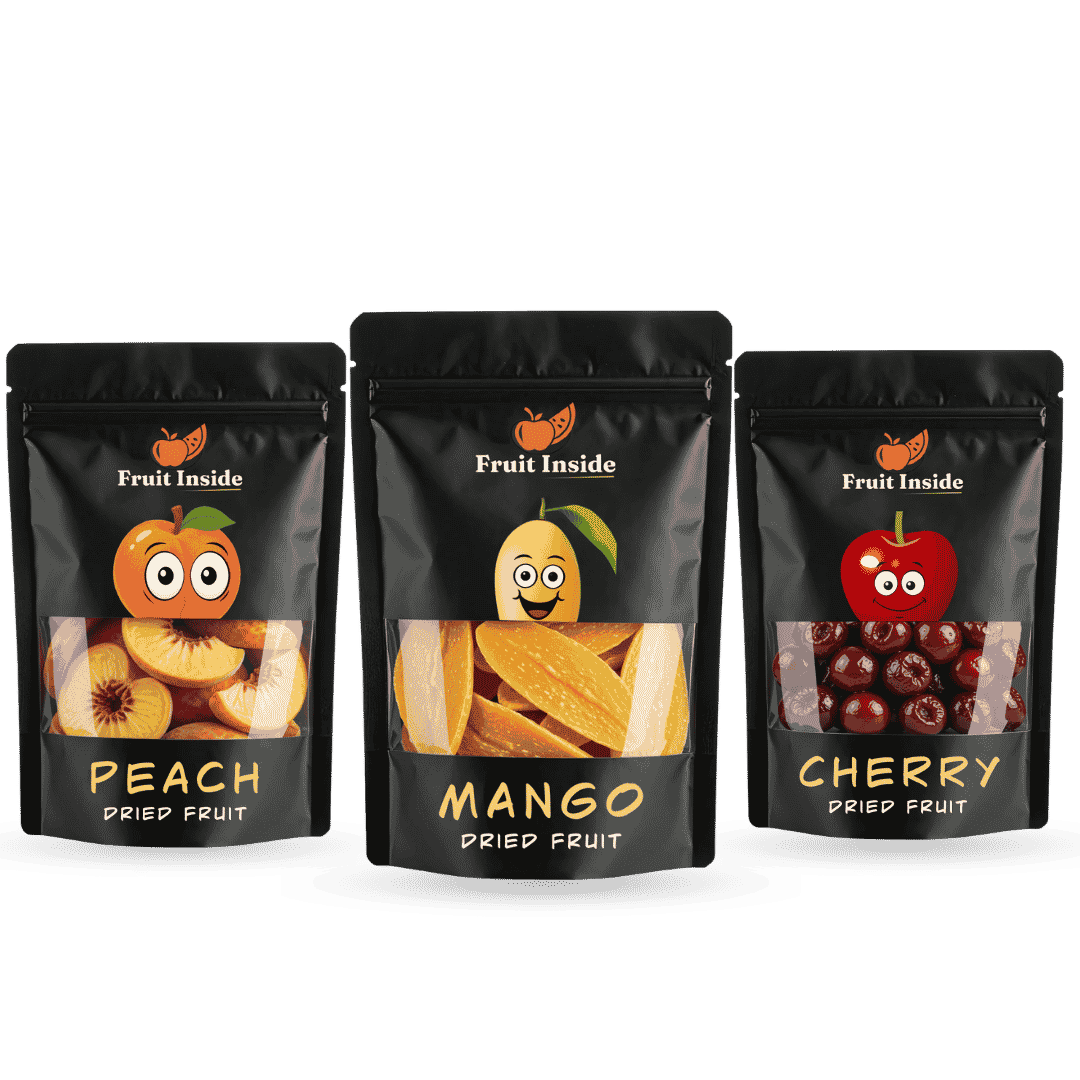 Three colourful Fruit Inside snack pouches